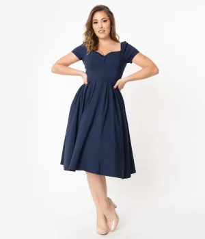 Unique Vintage 1950s Navy Sweetheart Midge Swing Dress