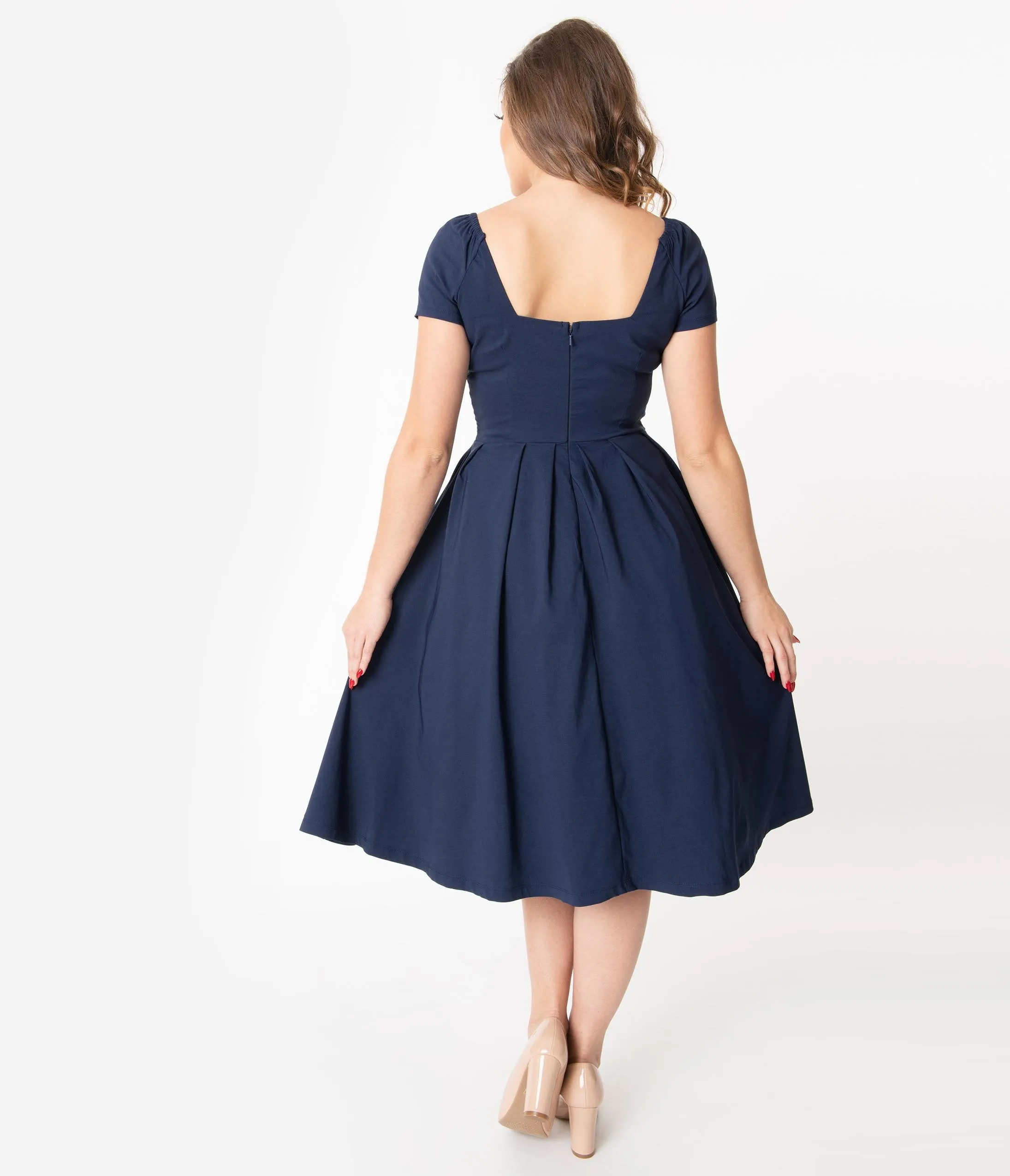 Unique Vintage 1950s Navy Sweetheart Midge Swing Dress