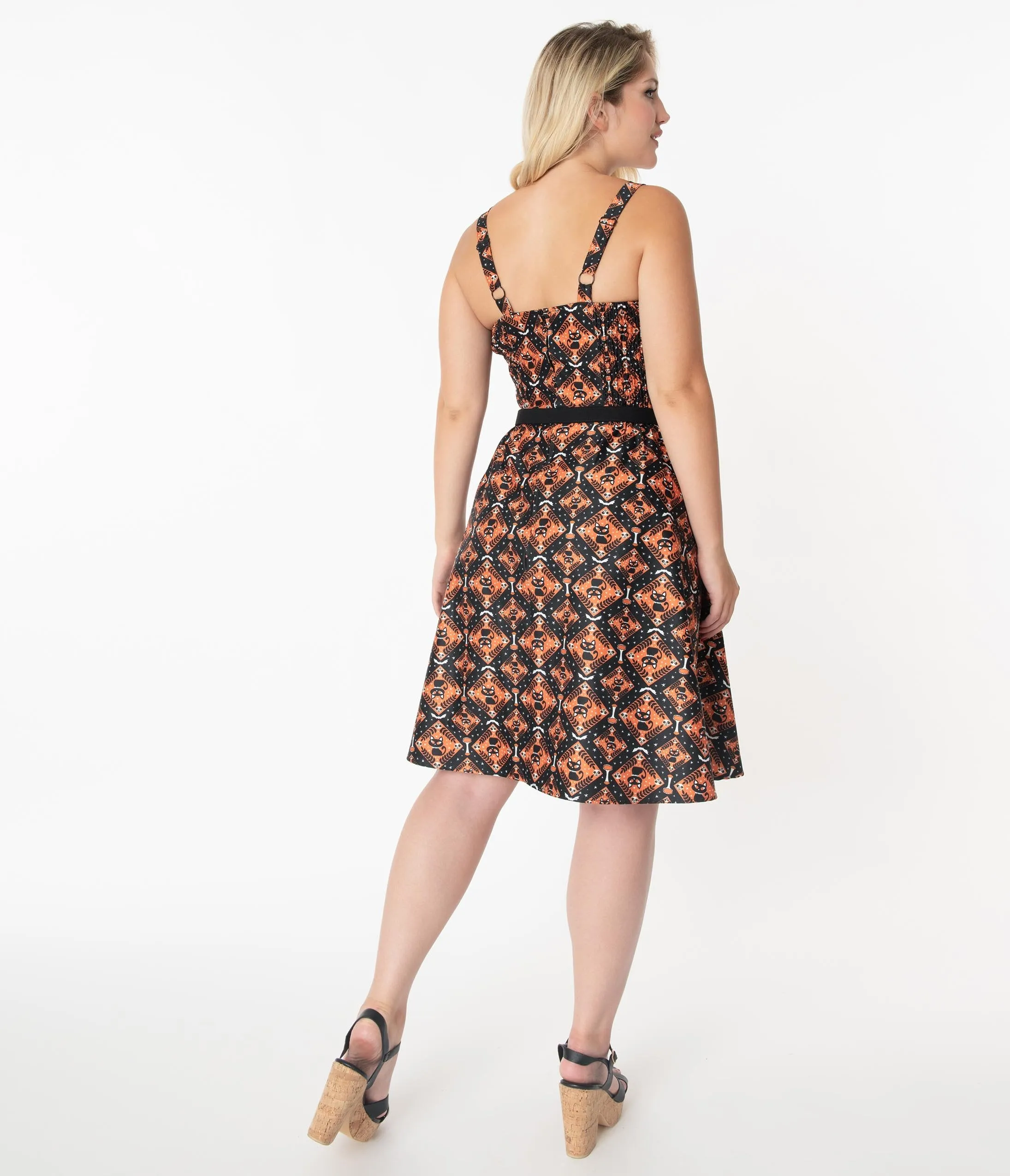 Unique Vintage Black & Orange Halloween Print Rachel Swing Dress