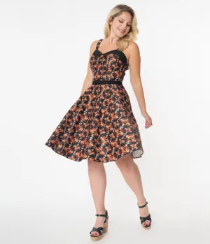 Unique Vintage Black & Orange Halloween Print Rachel Swing Dress