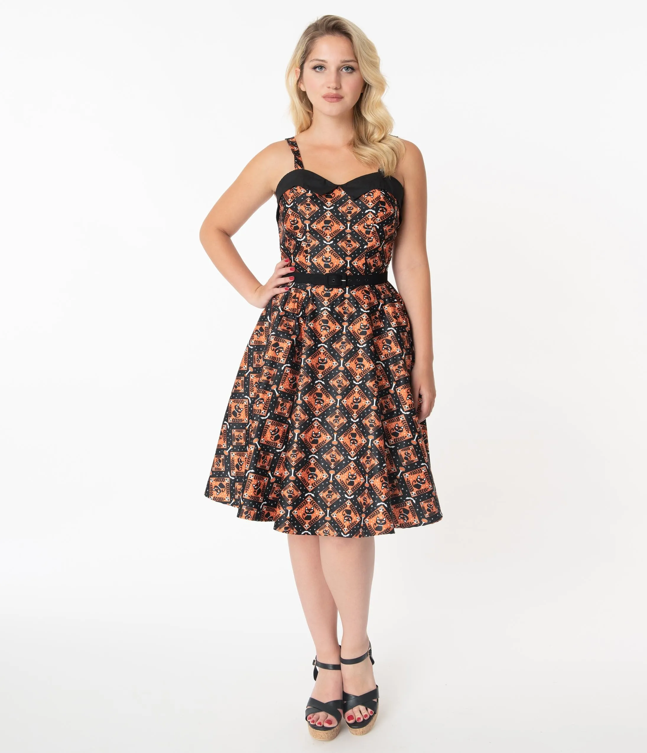 Unique Vintage Black & Orange Halloween Print Rachel Swing Dress